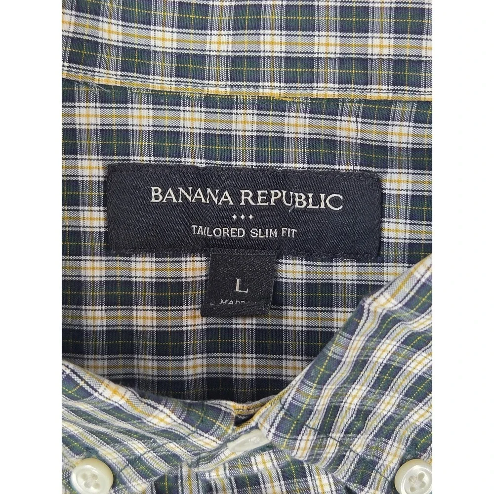Banana Republic Mens Tailored Slim Fit Plaid Button Down Shirt Navy Yellow L